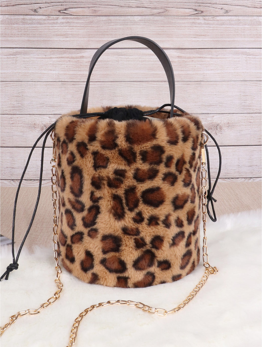 Faux Fur Large Drawstring Bucket Bag