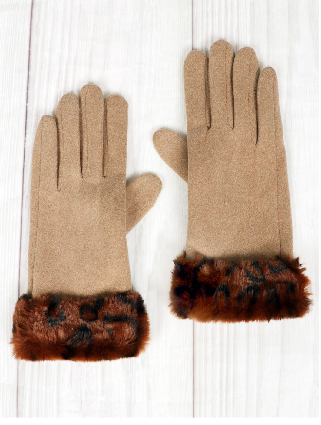 Leopard faux fur trim gloves